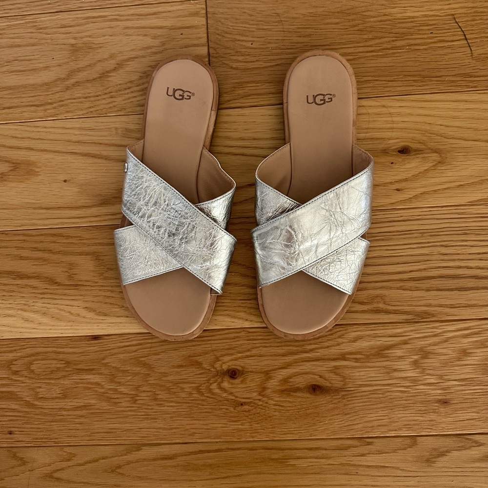 UGG Women's Metallic Silver Cross Strap Sandals